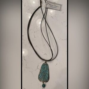 Elaine Coyne Solid Brass Patina Calla Lily Jasper Rawhide Necklace Signed NWT